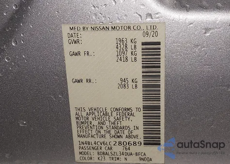2020 Nissan Altima Sr Fwd from USA, damaged, VIN 1N4BL4CV6LC280689
